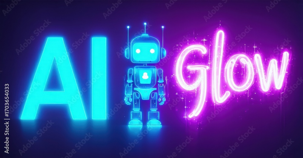 Poster bright neon sign displays ai glow. robot figure positioned between text elements. vivid purple backg