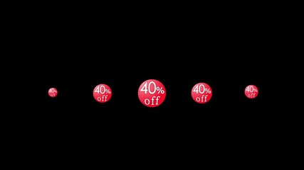 40% off. Red balls with discount amount moving from left to right. Marketing or advertising animation for products, online stores and mobile applications