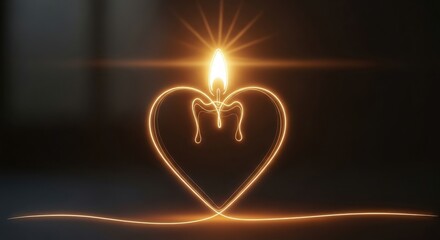 Glowing orange heart shaped candle with dripping wax and radiant light on dark background love romance