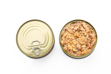 Canned tuna in brine isolated on white background