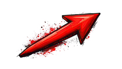 Red arrow graphic, upward pointing, on black background.  Abstract, dynamic design, with textured red arrowhead and surrounding splatters of fragmented color