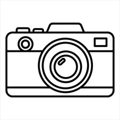 Black outline of a vintage camera with lens and buttons on white line art drawing