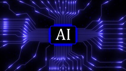Futuristic ai chip with blue energy on a dark circuit board background artificial. AI technology with circuit board and processor chip. Futuristic digital system and machine learning data concept. - Powered by Adobe