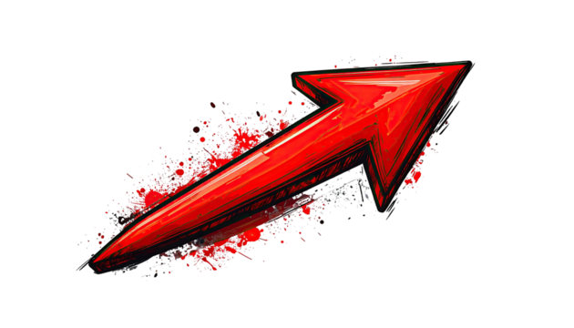Red arrow graphic, upward pointing, on black background.  Abstract, dynamic design, with textured red arrowhead and surrounding splatters of fragmented color