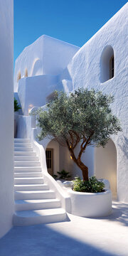 Charming Santorini Style Courtyard with White Walls and Blue Accents