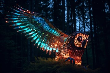 A giant owl made of glowing crystals, soaring over a tranquil, neon-lit forest 