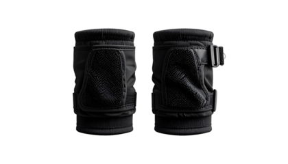 Two black protective wrist guards.  Dark,  padded wrist guards with  mesh panels.  Adjustable strap.  Studio shot,  isolated on black background