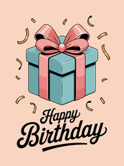 A charming birthday gift illustration featuring a blue present box adorned with a pink bow and confetti, set against a soft peach background