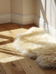 Cozy Area With Light Colored Shag Rug, Hardwood Floor and Sunlight Streaming in Through a Window