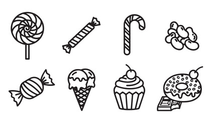 Collection of various sweet treats and candies in a simple line art silhouette style