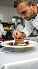 Chef decorating a chocolate dessert