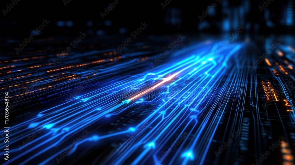 Poster futuristic blue digital graph with glowing lines and upward arrows over a dark grid background, symb