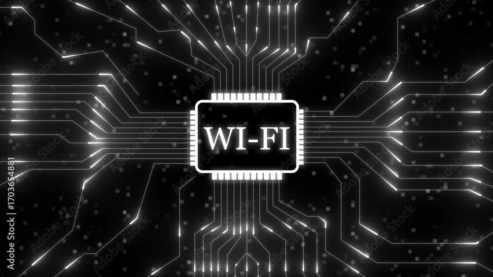 Poster wi-fi chip circuit board technology digital connection network data transfer communication. chip wit