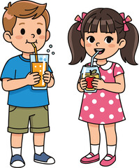 Cartoon boy and girl drinking juice, summer fun, healthy beverage, cute kids with drinks, refreshing moment, colorful illustration, vector.