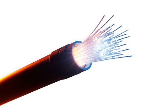 Close up of illuminated fiber optic cable strands against a dark background