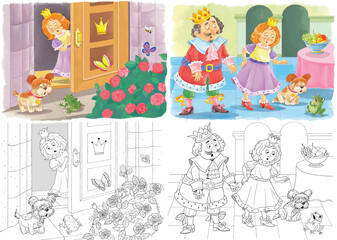 The Frog Prince. Fairy tale. Illustration for children. Coloring page. Cute and funny cartoon characters