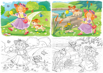The Frog Prince. Fairy tale. Illustration for children. Coloring page. Cute and funny cartoon characters