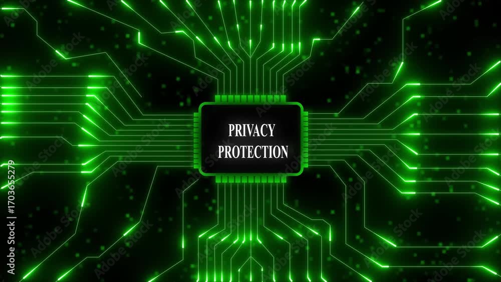 Poster digital privacy protection concept with glowing circuit board and data flow technology. digital circ