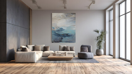 Spacious and sunlit modern living room interior featuring a large abstract painting as a focal point, a comfortable sofa on a hardwood floor, a dark concrete accent wall, and large windows