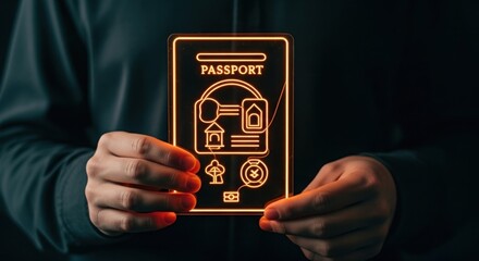 Person holding glowing orange neon outline of a passport with travel icons digital technology