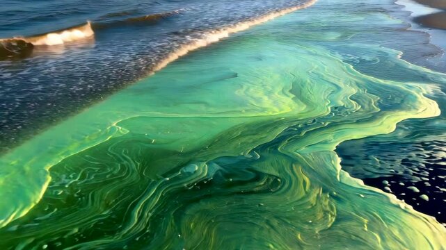 Toxic green algae bloom spreading along shoreline with foamy sea waves creating swirling polluted water patterns under sunlight