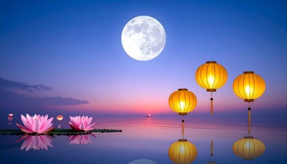 Lotus Flowers and Lanterns Under Full Moon
