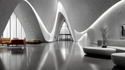 Modern architectural interior with flowing curved white walls, minimalist furniture, and polished reflective floor in contemporary open space