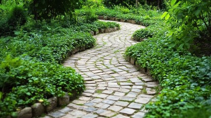 Garden labyrinth of curved stone paths surrounded by rich greenery and climbing ivy