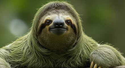 Fototapeta premium Portrait of a cute sloth, looking at the camera, natural habitat