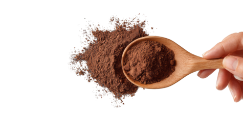 Wooden spoon holding dark brown powder