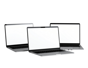Four modern laptops, angled slightly, with blank white screens.  Gray/silver metallic finish.  Minimalist presentation