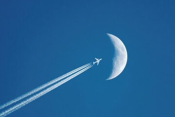 Airplane flying near a crescent moon