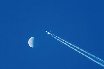 Airplane trails across a clear blue sky with the moon