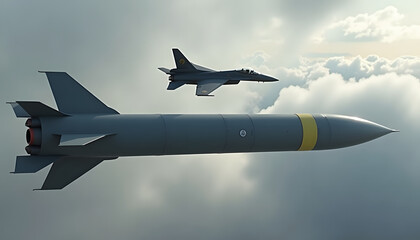 Military aircraft and missile flying through the sky.