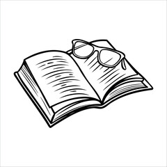 An open book with pages slightly curled. A pair of glasses rests on top of the book. The scene conveys a sense of reading and knowledge.