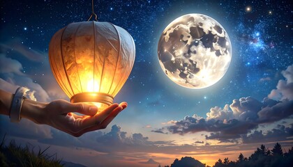 Illuminated Lantern and Full Moon