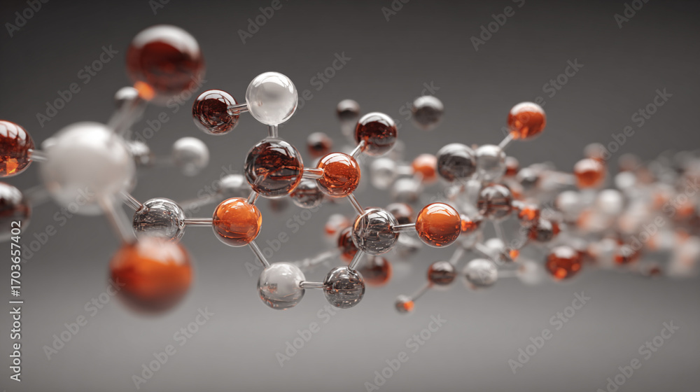 Poster abstract molecule model with orange and white spheres connected by thin rods a 3d rendering of a com