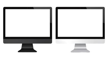 Two computer monitors, one black, one silver, with blank screens