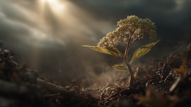 Young Hydrangea tree growing in the fog