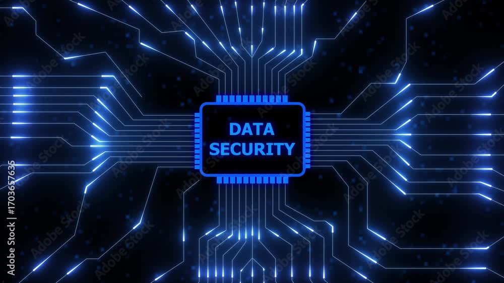 Poster digital data security concept with glowing circuit board and central processor abstract. abstract ci
