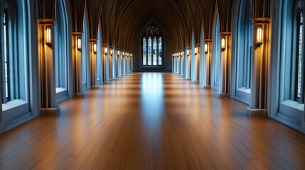 Fototapeta premium Grand, empty gothic corridor with dark wood and stone illuminated by low, ambient light.