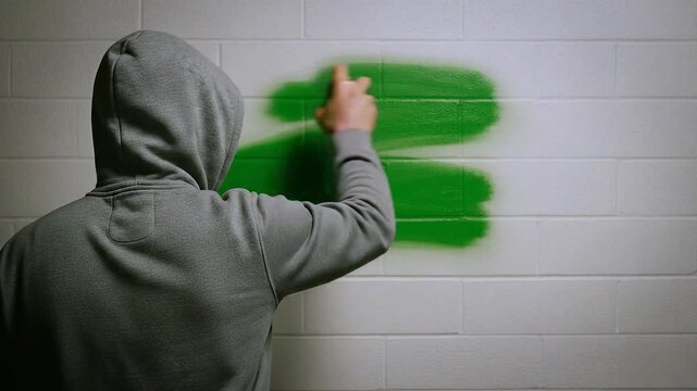 Man in a hoodie spray painting chroma key green screen on brick wall
