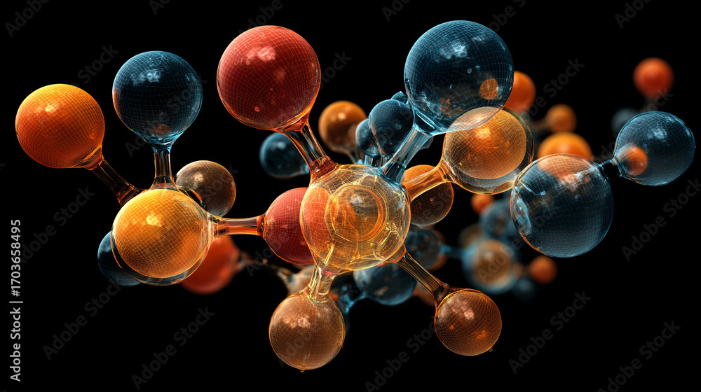Poster intricate molecular structure glowing spheres connected by bonds intricate design abstract science