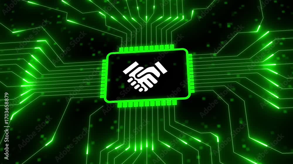 Poster digital handshake icon on circuit board agreement technology. technology concept representing busine