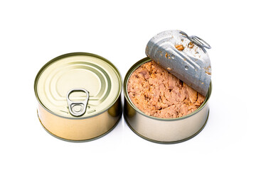 Canned tuna in brine isolated on white background