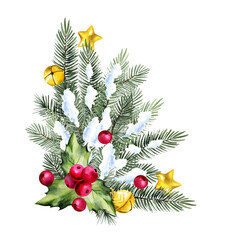 golden Christmas tree bells, holly, fir branches, red berries, red berries, watercolor Christmas decoration, hand drawn sketch of green fir branches, corner composition, party, winter illustration