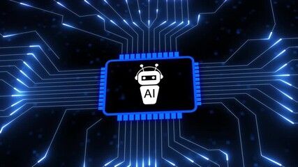 Futuristic AI robot icon on glowing circuit board artificial intelligence. AI bot with circuit board and digital network. Futuristic system enabling smart machine learning and data processing. - Powered by Adobe