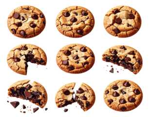 Nine chocolate chip cookies, various views.  Some whole, some broken in half, showing interior.  All golden brown, with scattered dark chocolate chips