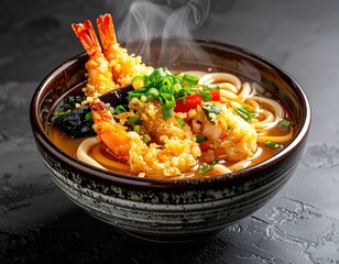 AI-generated illustration of a steaming bowl of shrimp tempura udon noodles.