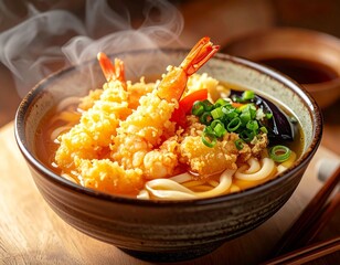 Steaming tempura udon with shrimp and vegetables.